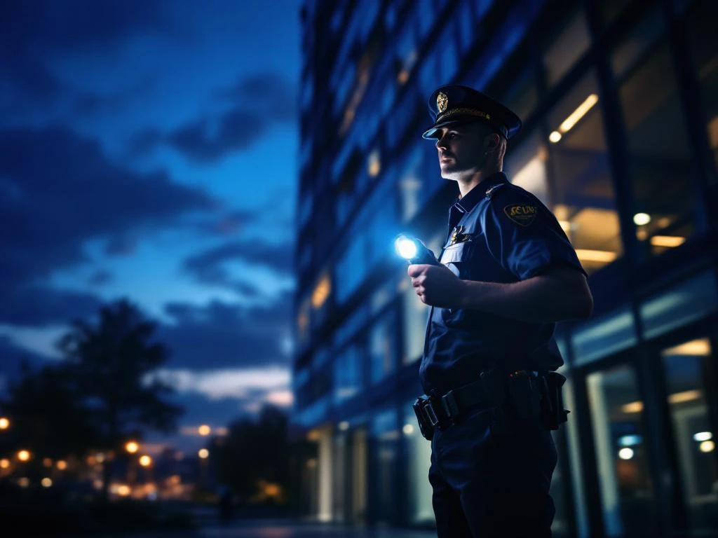 Professionele beveiliger met zaklamp patrouillert 's nachts bij modern kantoorgebouw tijdens schemering