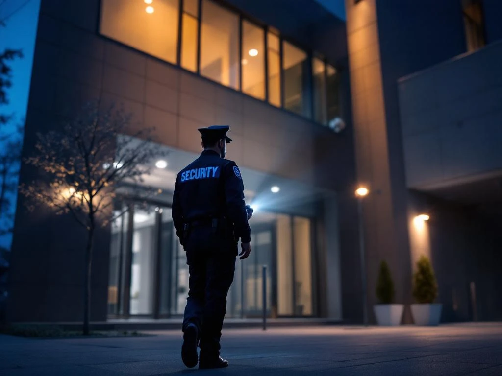 Beveiligingsbeambte met zaklamp tijdens avondronde bij modern kantoorgebouw met veiligheidsverlichting