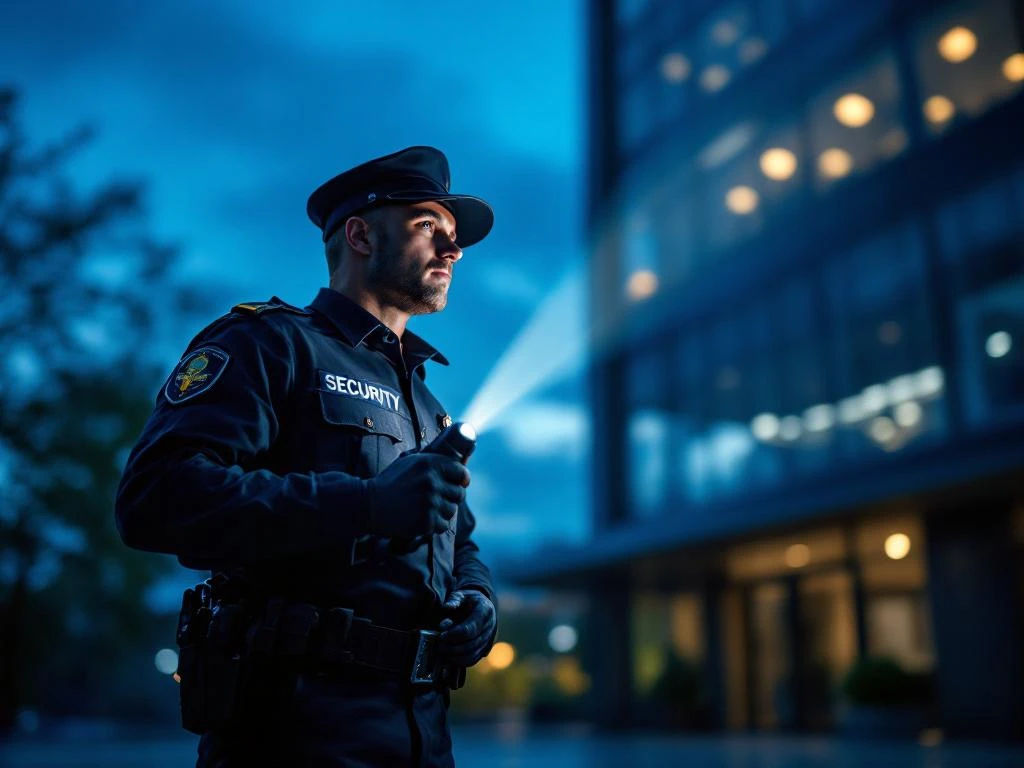 Professionele beveiliger in uniform patrouillert 's nachts met zaklamp bij modern kantoorgebouw tijdens schemering
