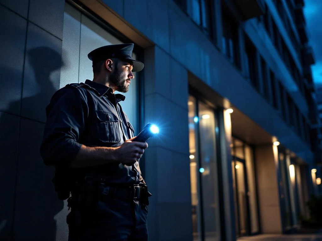 Beveiligingsbeambte met zaklamp patrouilleerd 's avonds bij moderne kantoorgebouw voor anti-inbraakbeveiliging