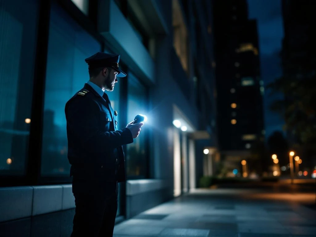 Beveiligingsmedewerker met zaklamp patrouilleert 's nachts bij moderne kantoorgebouw ingang tijdens routine inspectie