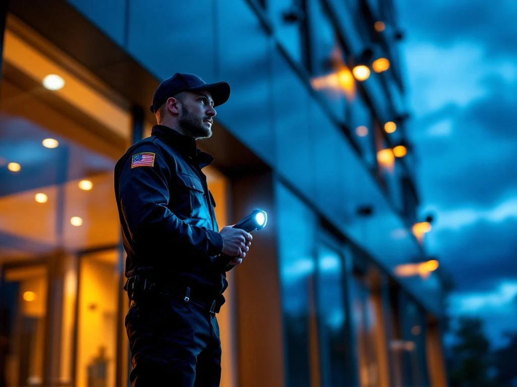 Beveiliger in uniform voert nachtelijke patrouille uit bij modern kantoorgebouw met zaklamp en beveiligingscamera's