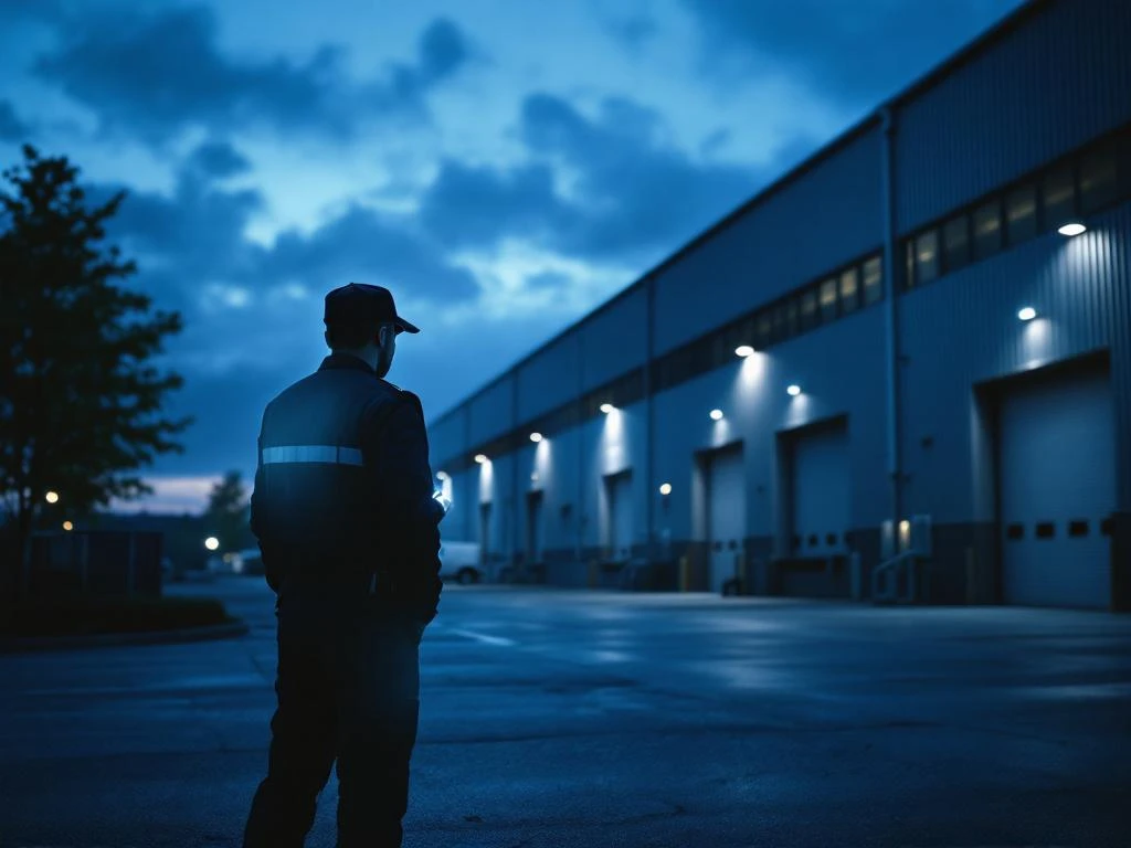 Beveiligingsbeambte met zaklamp inspecteert magazijngebouw tijdens avondpatrouille bij hoofdingang