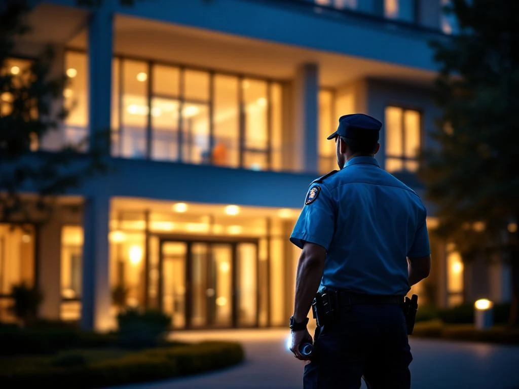 Beveiliger met zaklamp inspecteert 's avonds ingang van zorginstelling of onderwijsgebouw tijdens nachtpatrouille