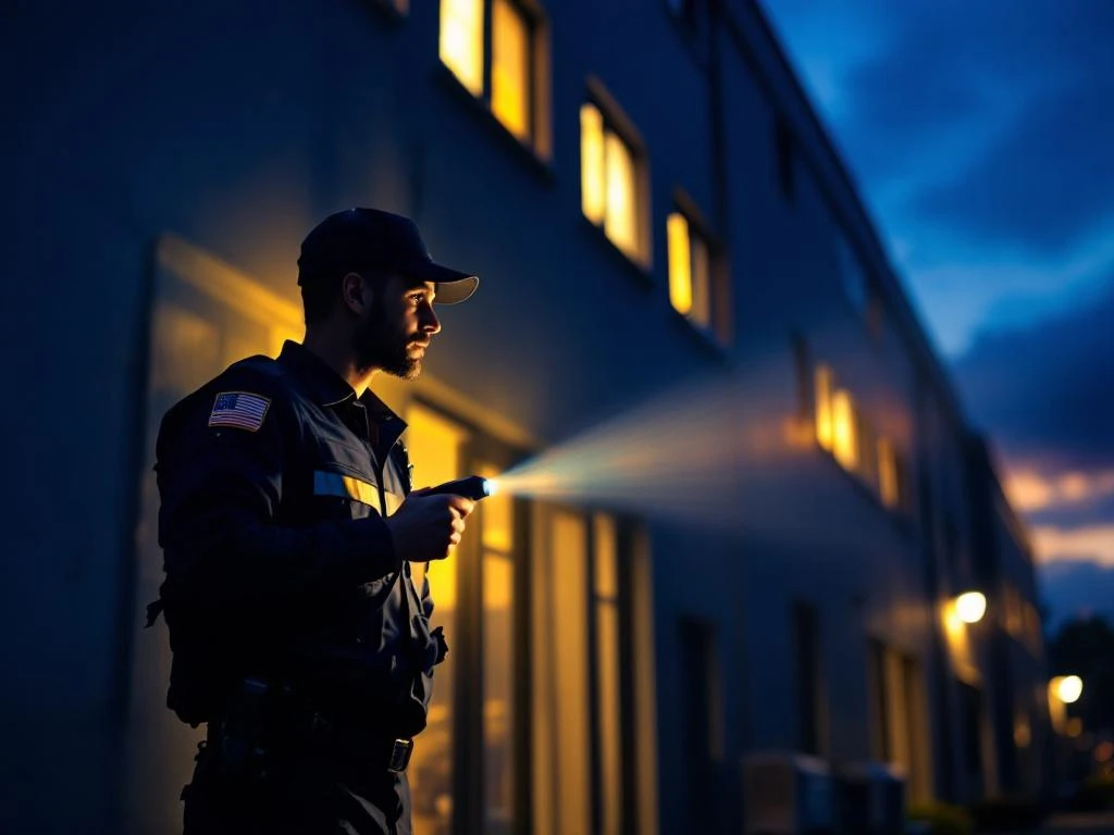 Beveiligingsbeambte met zaklamp tijdens nachtelijke patrouille bij industrieel gebouw voor eigendomsbescherming