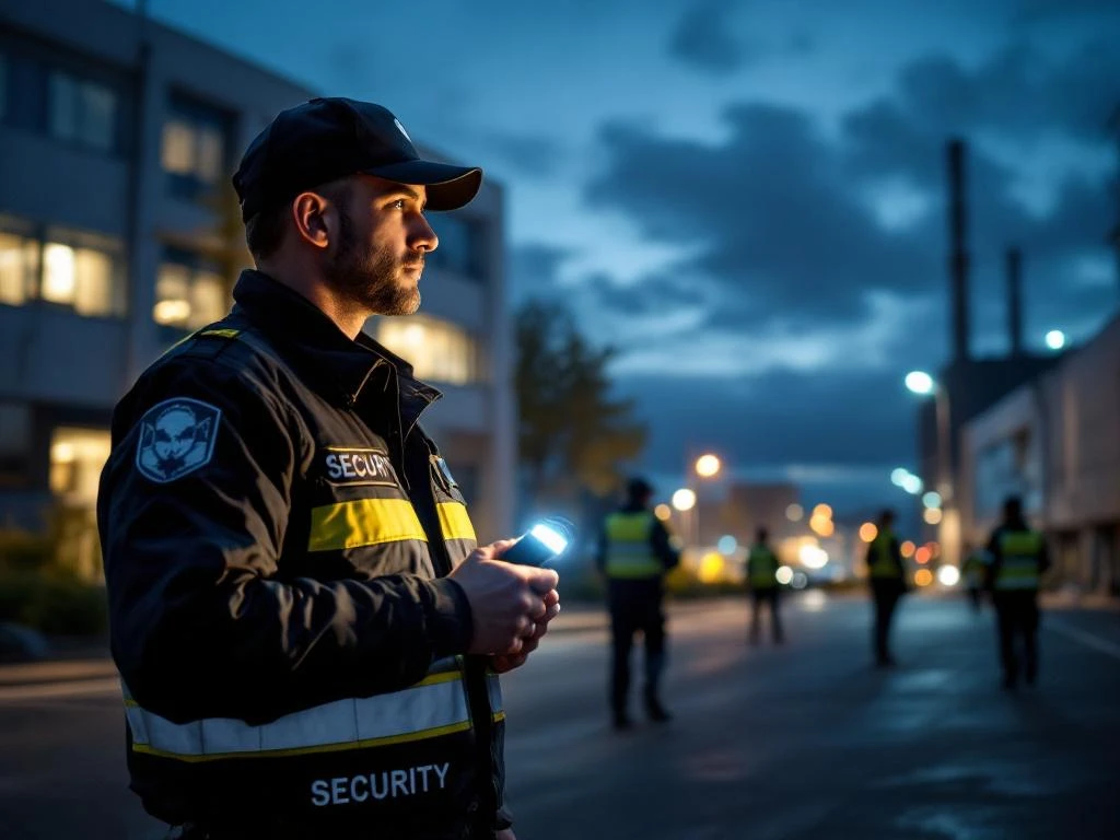 Beveiligingsbeambte met zaklamp tijdens nachtelijke patrouille bij modern kantoorgebouw met meerdere bewakers op terrein