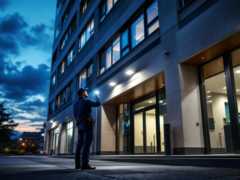 Beveiligingsbeambte met zaklamp inspecteert moderne kantoorgebouw tijdens nachtelijke patrouille bij hoofdingang