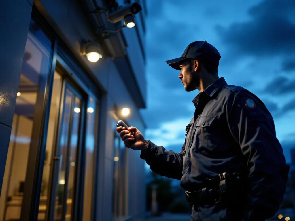 Professionele beveiliger met zaklamp inspecteert 's nachts modern kantoorgebouw tijdens patrouille