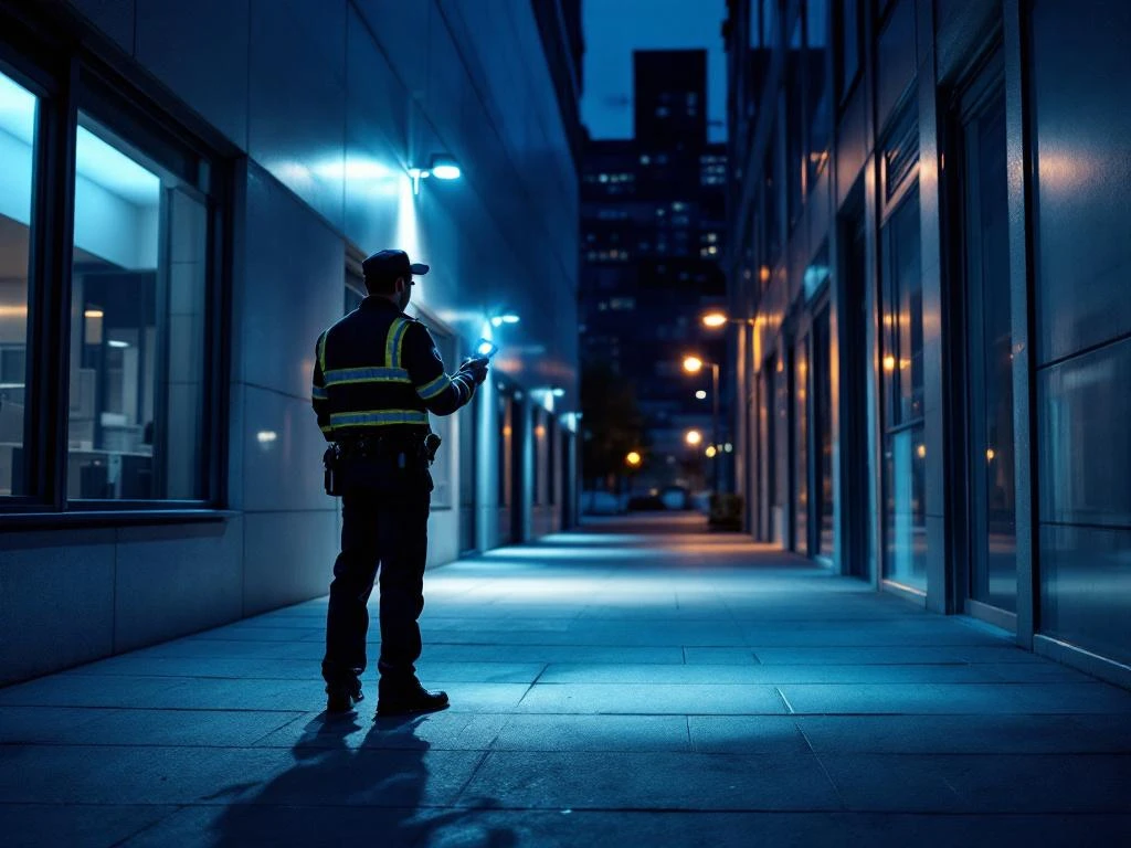 Beveiligingsbeambte met zaklamp controleert 's nachts moderne kantoorgebouw tijdens patrouille