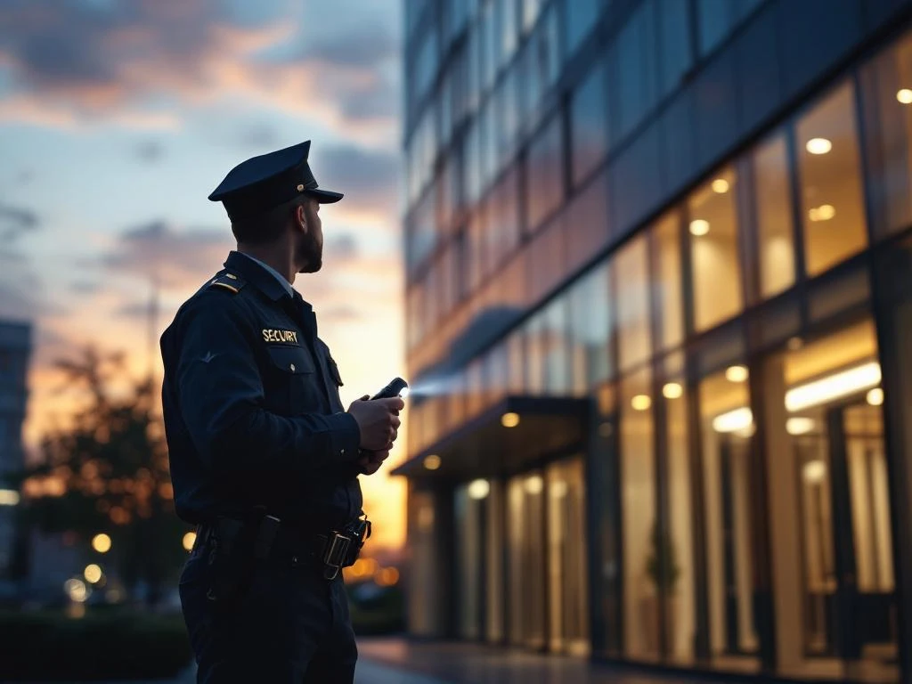 Beveiligingsmedewerker met zaklamp tijdens avondpatrouille bij modern kantoorgebouw met verlichte ramen