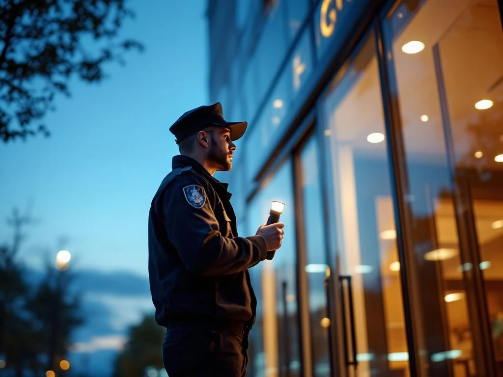 Beveiligingsmedewerker met zaklamp patrouilleert bij moderne kantoorgebouw tijdens schemering voor veiligheid