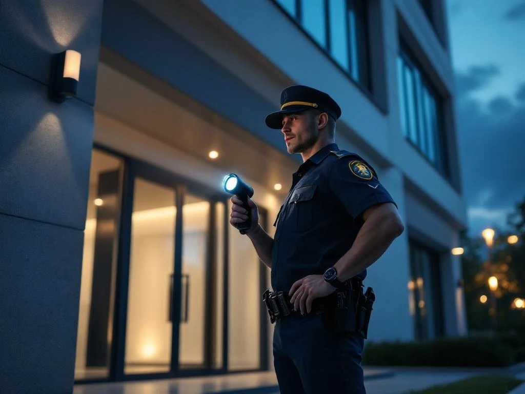 Beveiligingsmedewerker met zaklamp tijdens avondpatrouille bij modern kantoorgebouw met glazen ingang