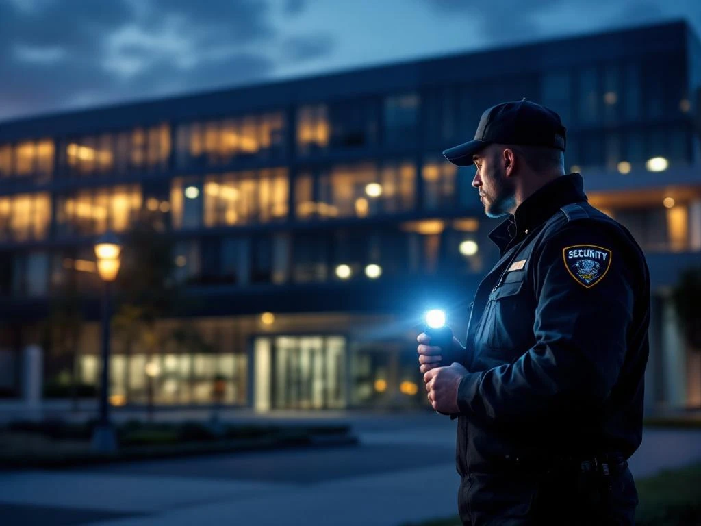 Beveiliger met zaklamp inspecteert 's avonds moderne kantoorgebouw tijdens veiligheidspatrouille bij hoofdingang