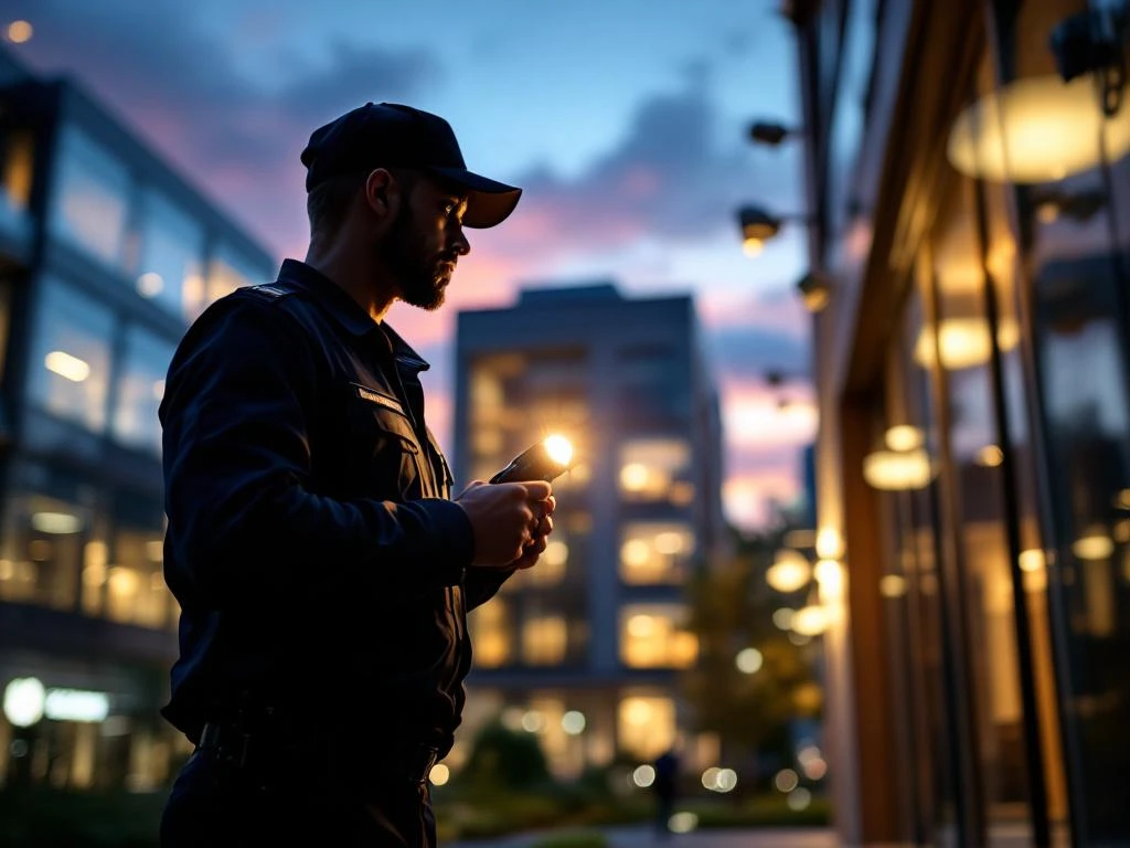 Beveiliger in uniform voert avondpatrouille uit bij modern kantoorgebouw met zaklamp en bewakingscamera's