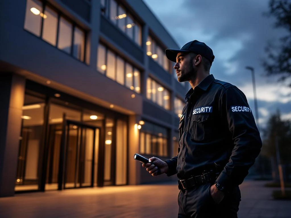 Professionele beveiliger met zaklamp tijdens avondpatrouille bij modern kantoorgebouw met toegangspoorten en bewaking
