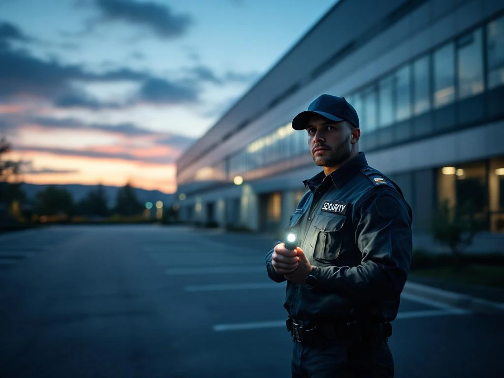 Beveiligingsbeambte met zaklamp tijdens avondpatrouille bij modern kantoorgebouw met dramatische verlichting