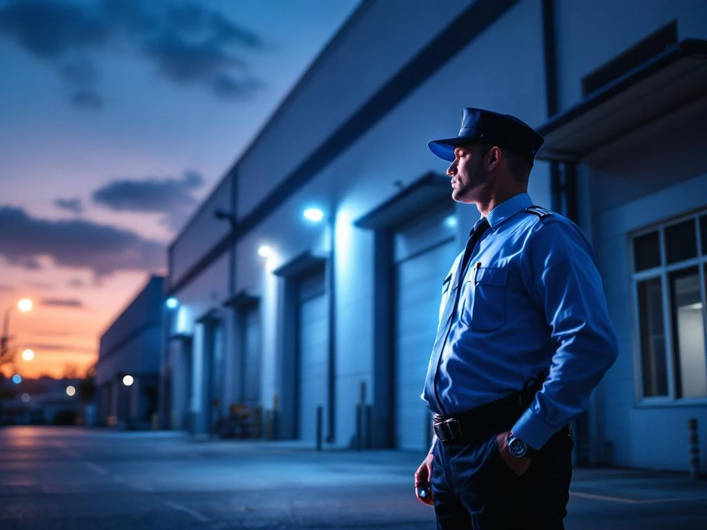 Beveiligingsbeambte met zaklamp tijdens avondpatrouille bij modern kantoorgebouw met glazen deuren en betonnen pilaren