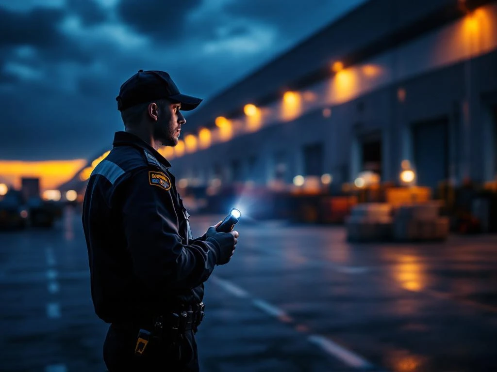 Beveiligingsbeambte met zaklamp inspecteert industriële laaddok bij schemering met vrachtwagens en containers op achtergrond