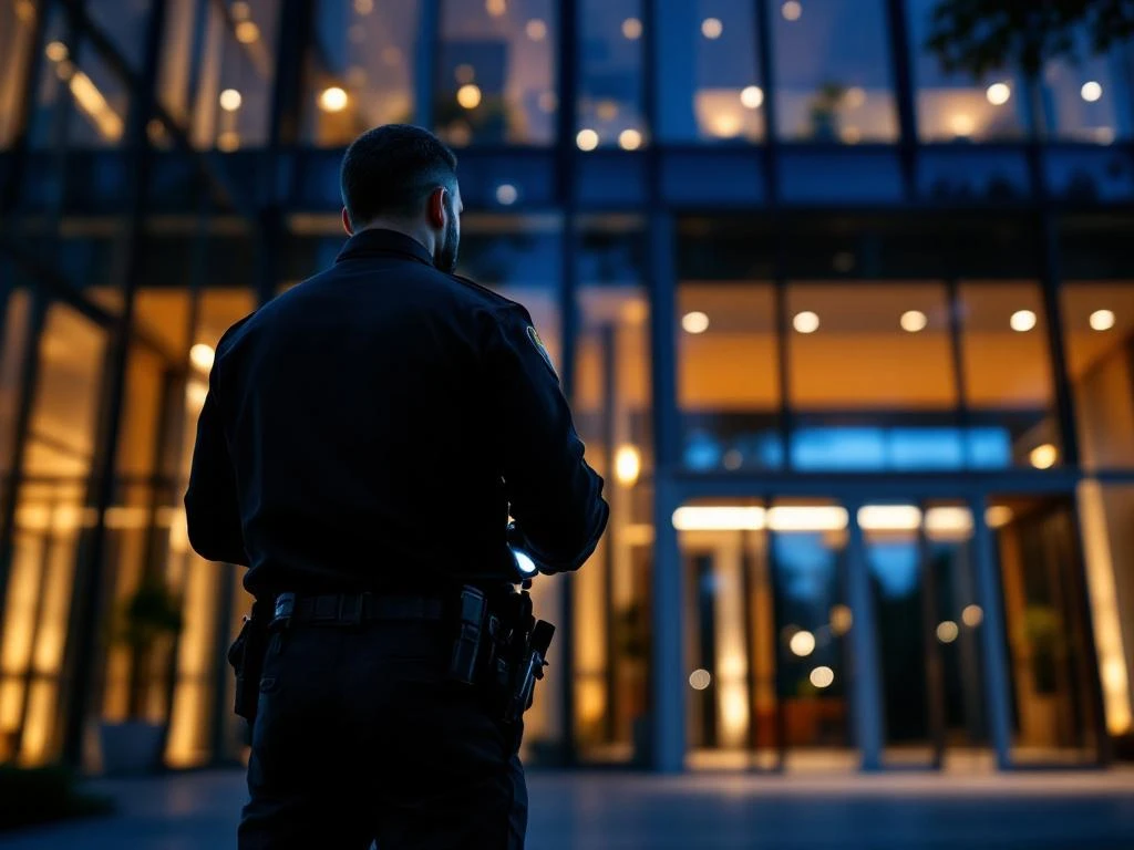 Beveiliger in uniform met zaklamp bij moderne kantoorgebouw ingang tijdens avondpatrouille