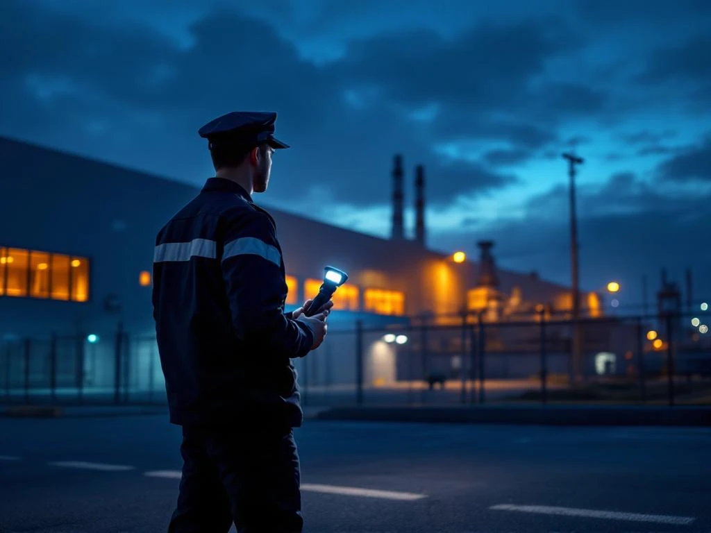 Beveiligingsbeambte met zaklamp inspecteert industrieel complex tijdens nachtelijke patrouille bij magazijn