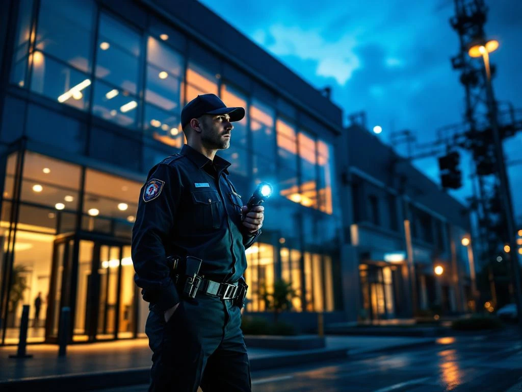 Professionele beveiliger met zaklamp controleert 's avonds moderne kantoorgebouw tijdens veiligheidspatrouille