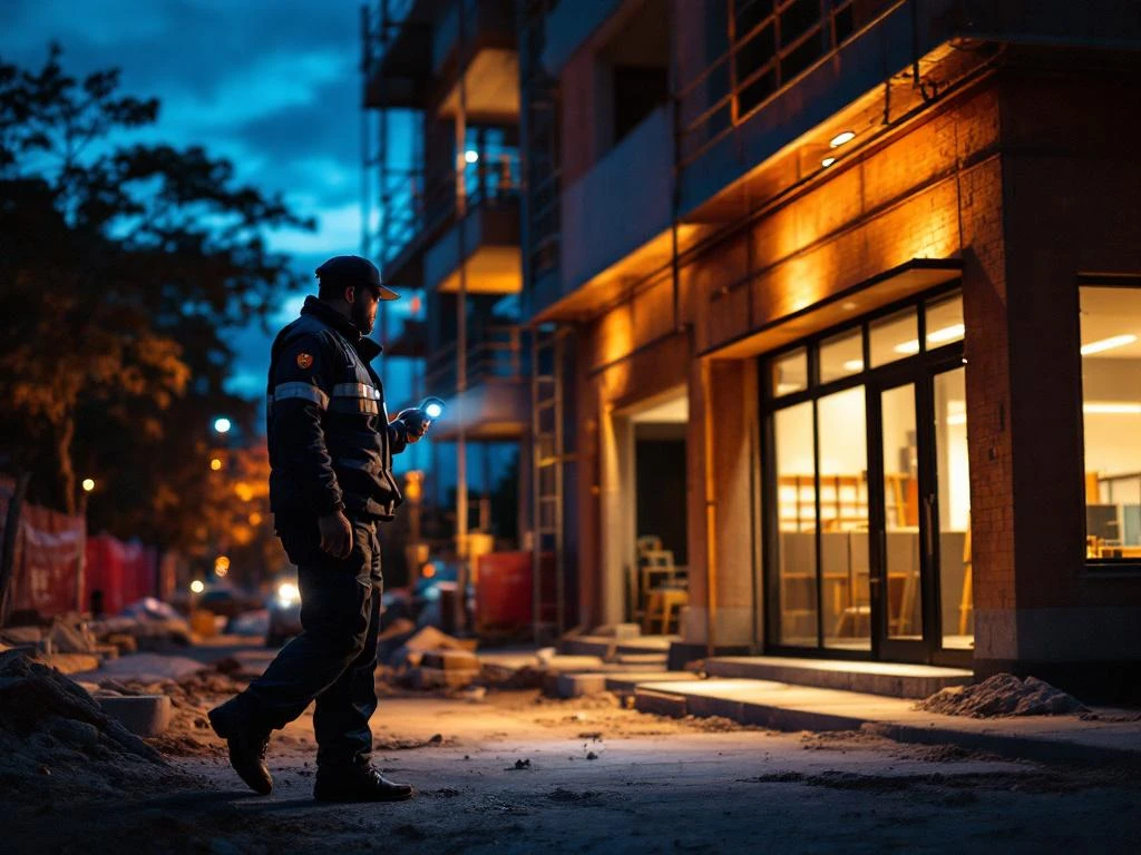 Beveiligingsbeambte met zaklamp patrouilleert 's nachts bij bouwplaats met steigers en bouwmaterialen