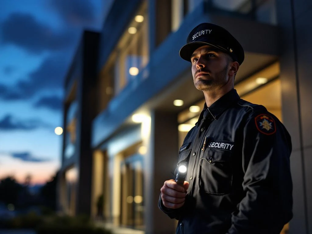 Professionele beveiliger in uniform voert nachtelijke patrouille uit bij modern kantoorgebouw met zaklamp