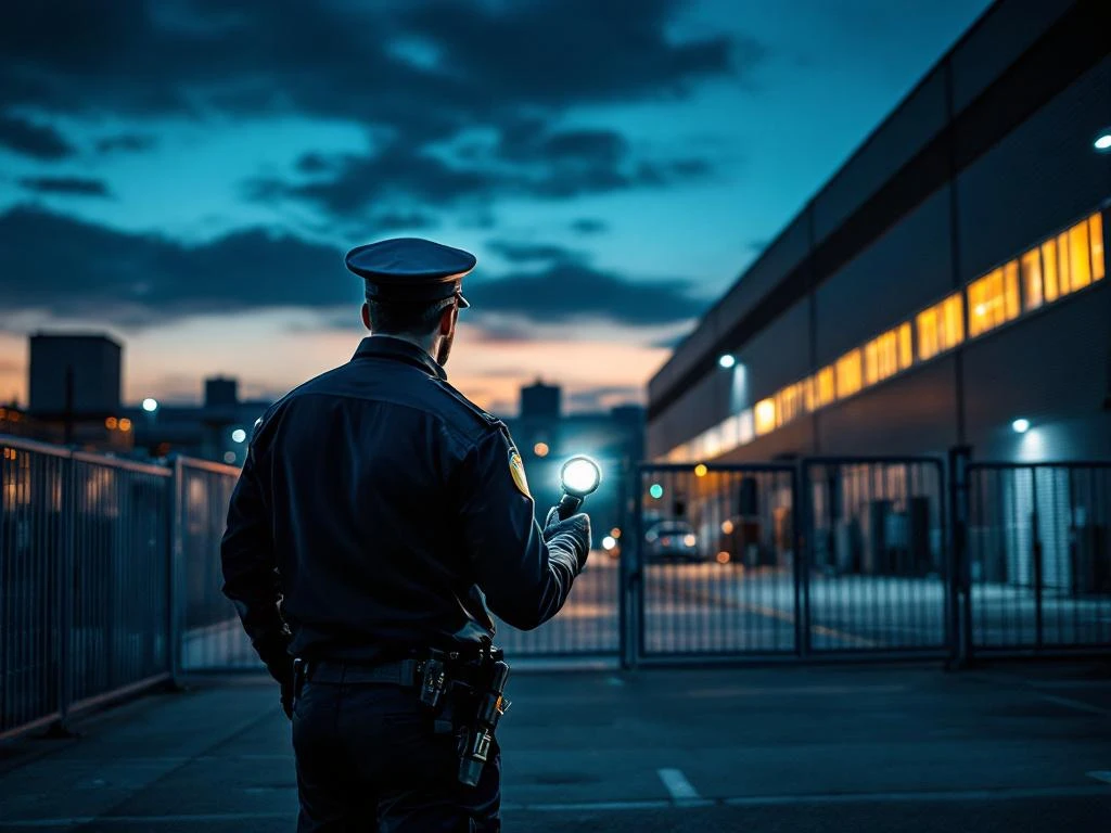 Beveiligingsbeambte met zaklamp controleert industrieel complex tijdens nachtelijke ronde bij hekwerk en poorten