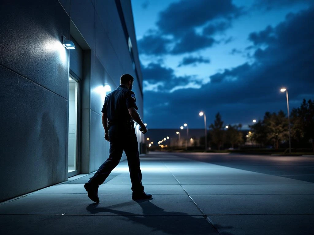 Beveiliger in uniform voert nachtelijke patrouille uit bij industrieel complex met zaklamp en dramatische verlichting