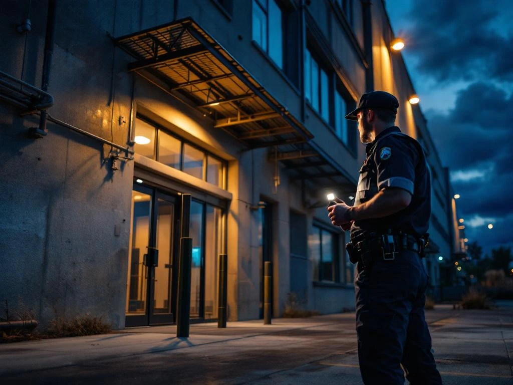 Beveiliger in uniform voert nachtelijke patrouille uit bij industrieel gebouw met zaklamp en bewaakt ingang