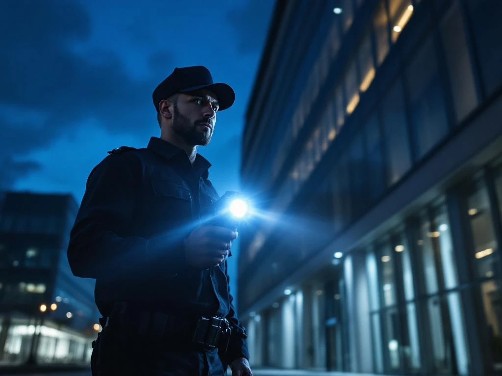 Beveiliger in uniform met zaklamp tijdens nachtelijke patrouille bij modern industrieel gebouw met verlichting