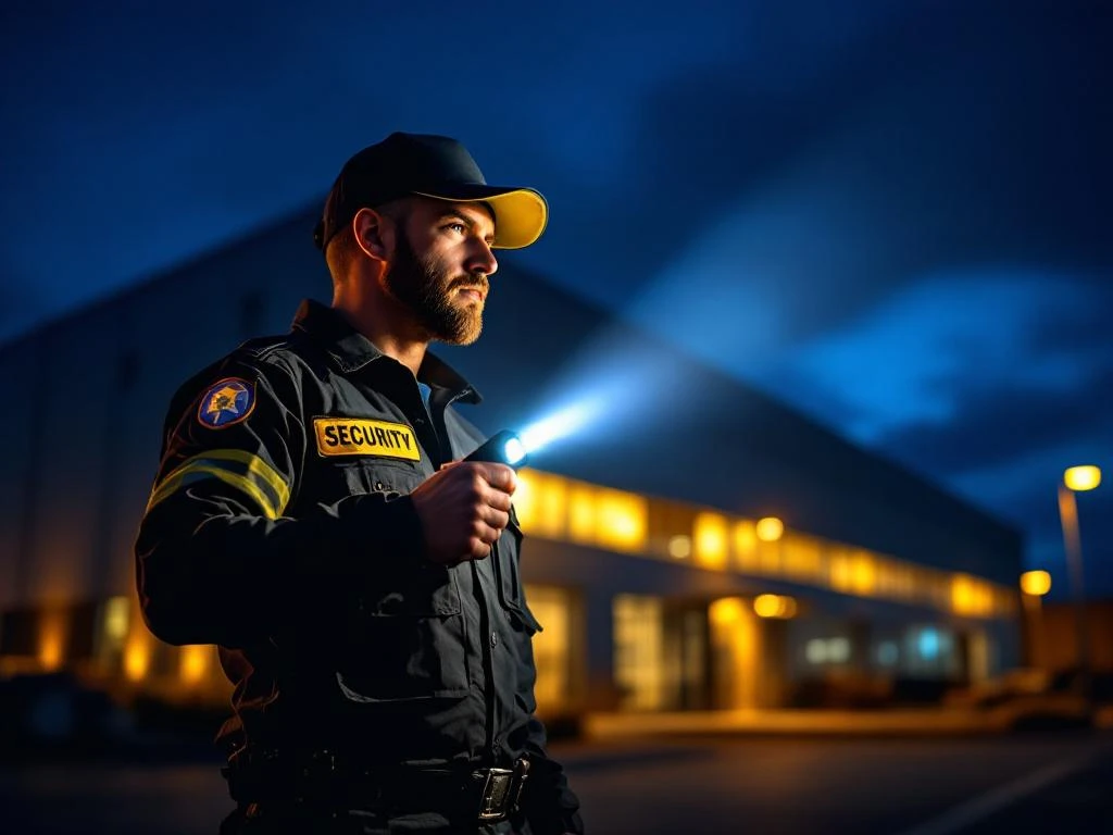Beveiligingsbeambte met zaklamp tijdens nachtelijke ronde bij modern industrieel gebouw met veiligheidsverlichting