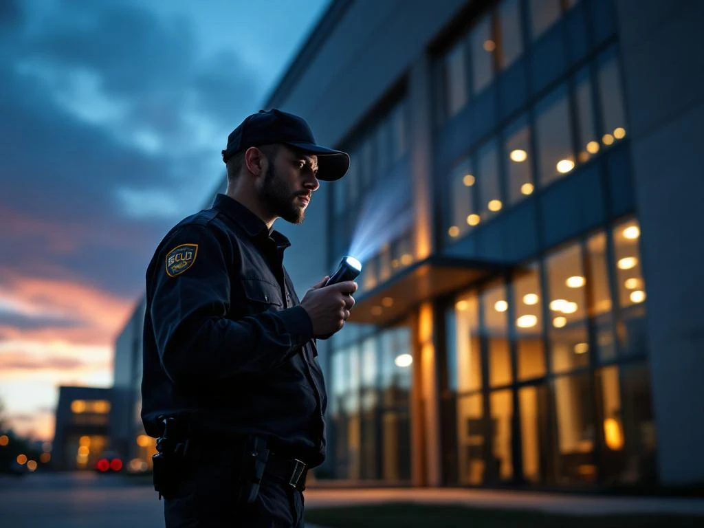 Beveiligingsmedewerker met zaklamp tijdens nachtelijke patrouille bij modern industrieel gebouw met glazen gevel