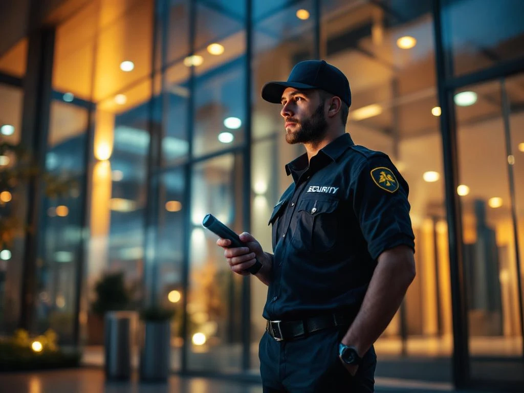 Beveiligingsbeambte met zaklamp inspecteert 's avonds kantoorgebouw ingang bij toegangscontrolepaneel