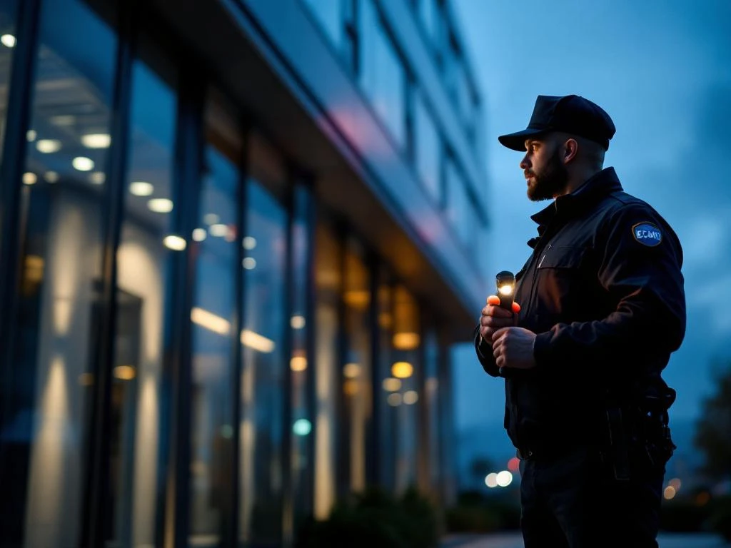 Beveiligingsbeambte met zaklamp patrouilleert 's avonds bij modern kantoorgebouw tijdens veiligheidscontrole