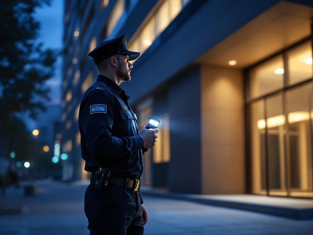 Beveiligingsmedewerker met zaklamp tijdens nachtelijke patrouille bij modern kantoorgebouw met verlichte ramen