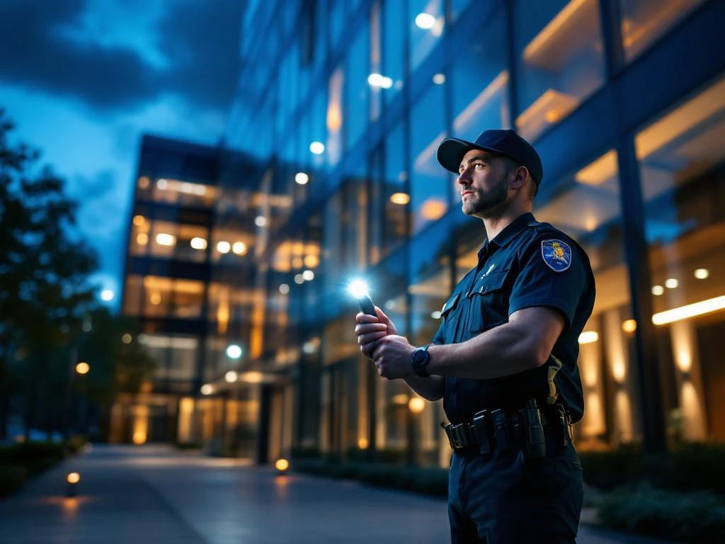 Professionele beveiligingsbeambte met zaklamp tijdens avondpatrouille bij modern kantoorgebouw met glazen gevel