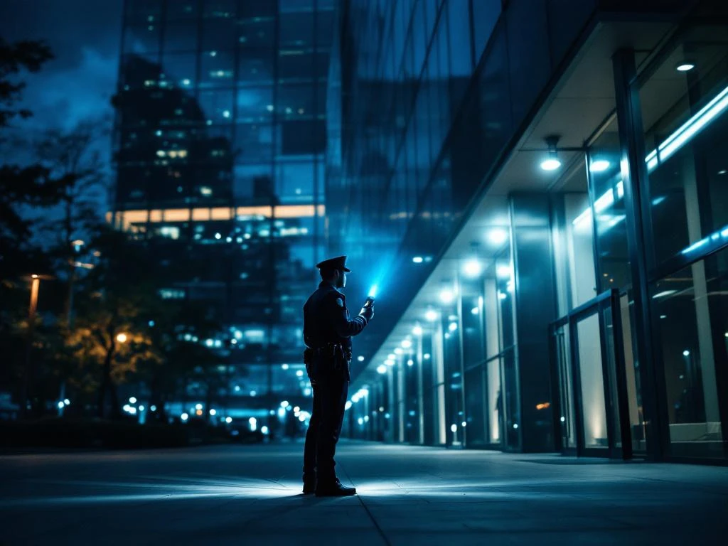 Professionele beveiligingsbeambte met zaklamp tijdens nachtelijke patrouille bij modern kantoorgebouw met verlichting