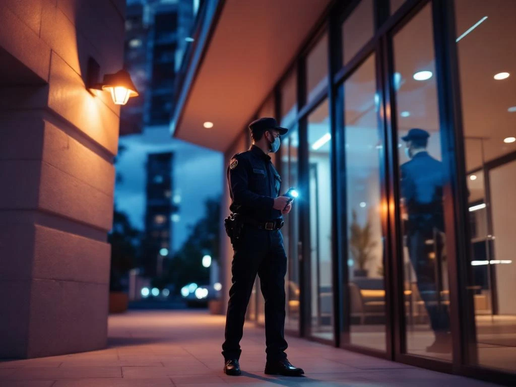 Professionele beveiliger met zaklamp inspecteert moderne kantoorgebouw tijdens avondpatrouille bij glazen ingang
