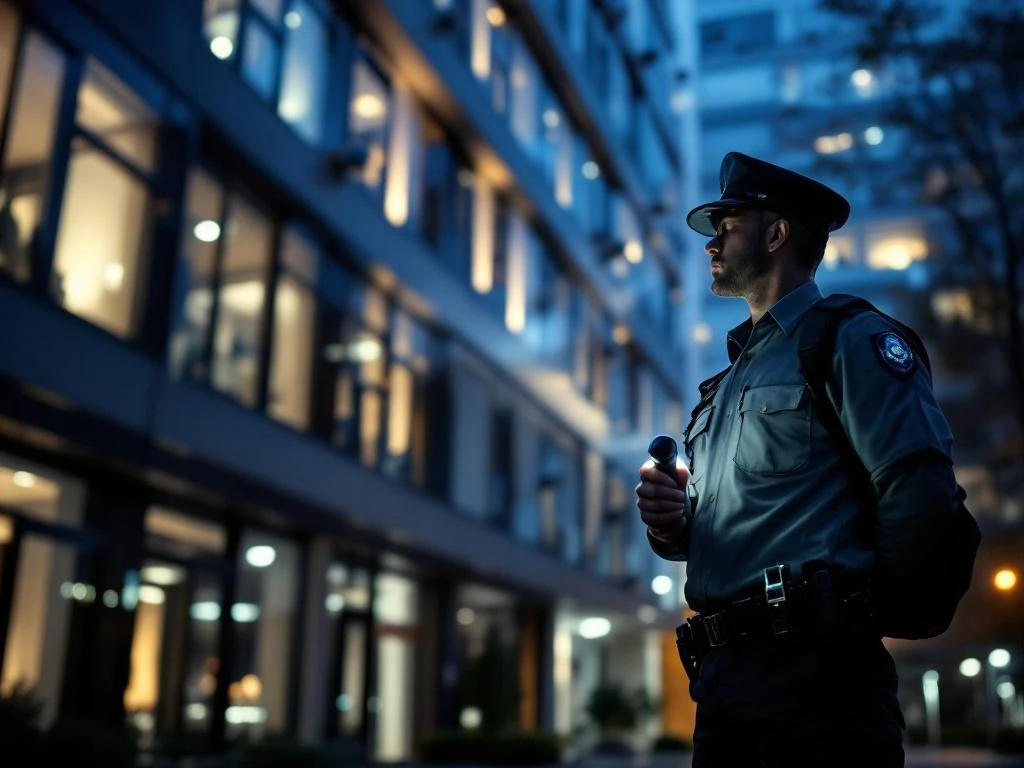Beveiligingsbeambte met zaklamp inspecteert kantoorgebouw tijdens nachtelijke patrouille met beveiligingscamera's