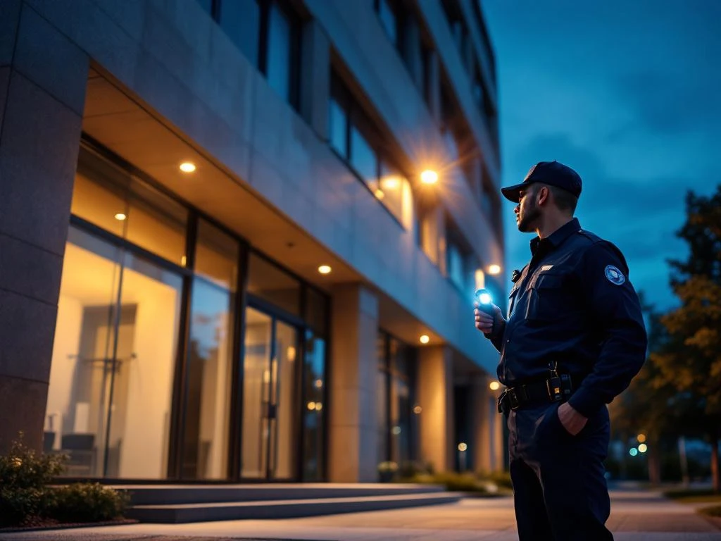 Beveiligingsmedewerker met zaklamp inspecteert moderne kantoorgebouw tijdens nachtelijke ronde bij hoofdingang