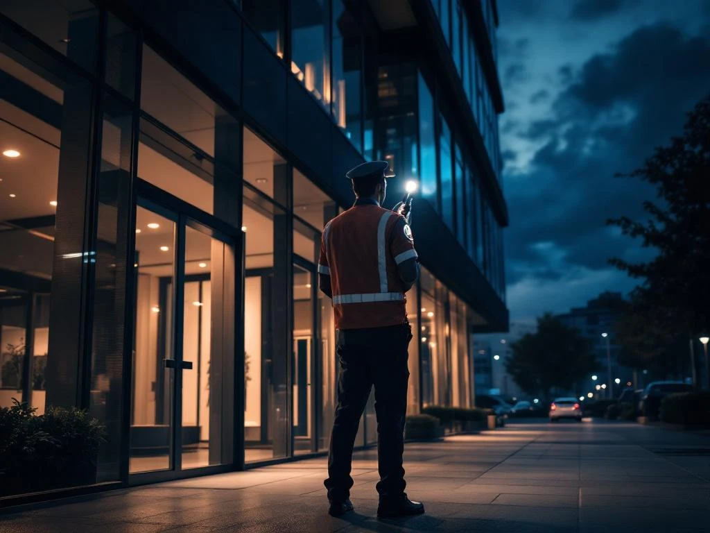 Beveiligingsbeambte met zaklamp tijdens nachtelijke patrouille bij modern kantoorgebouw met glazen gevel