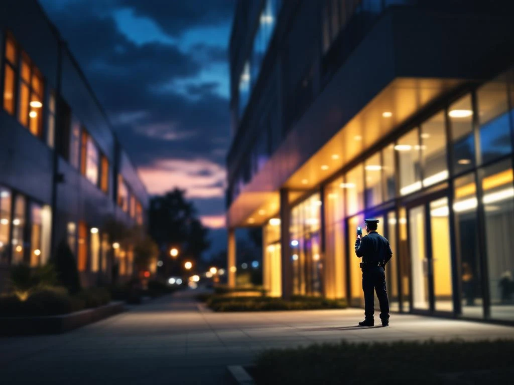 Professionele beveiliger met zaklamp tijdens avondpatrouille bij modern kantoorgebouw, bewaakt hoofdingang bij schemering