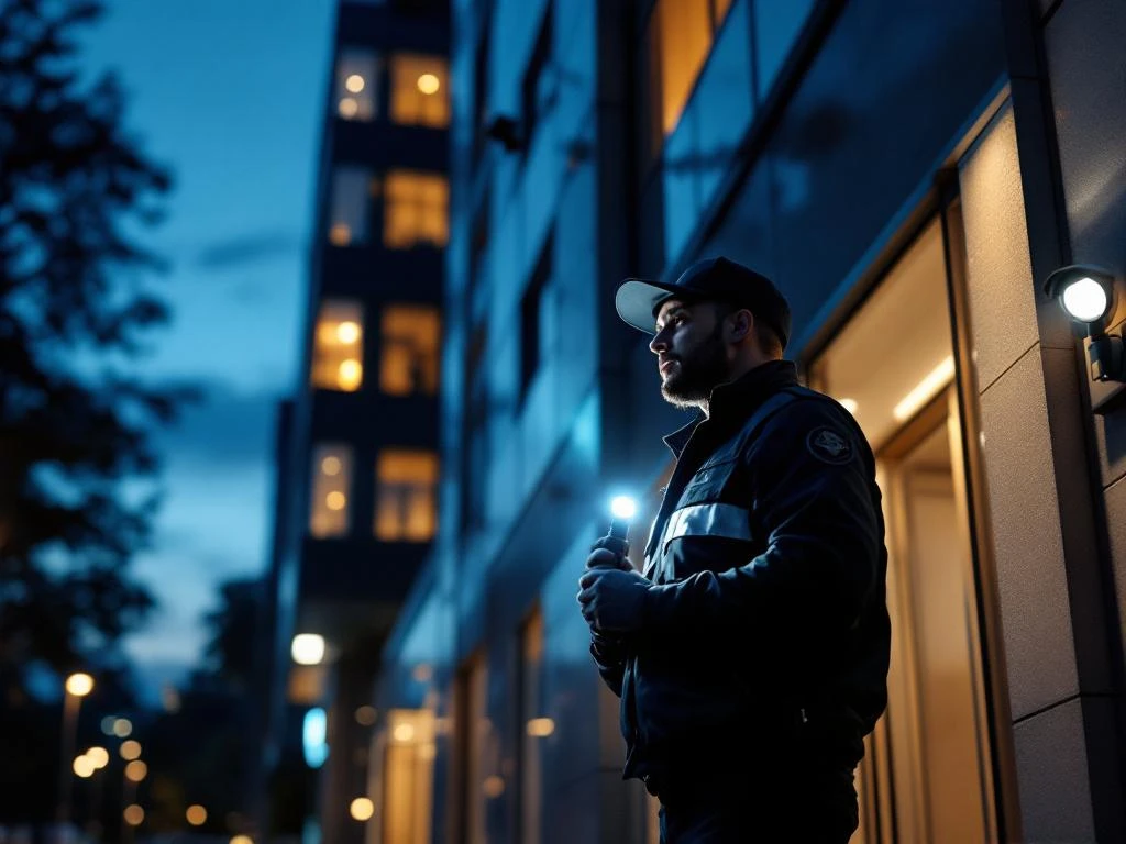 Beveiliger in uniform voert nachtelijke patrouille uit bij modern kantoorgebouw met zaklamp en bewakingscamera's