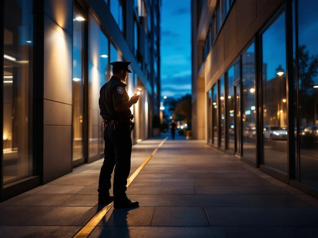 Beveiligingsbeambte met zaklamp inspecteert 's nachts moderne kantoorgebouw tijdens patrouille
