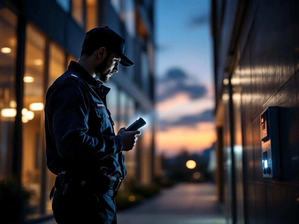 Beveiligingsbeambte met zaklamp inspecteert kantoorgebouw ingang tijdens avondpatrouille met zichtbare beveiligingscamera's