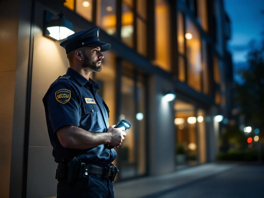 Professionele beveiliger in uniform voert nachtelijke patrouille uit bij modern kantoorgebouw met zaklamp