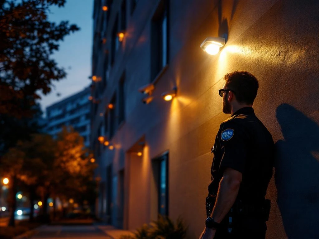 Beveiligingsbeambte inspecteert kantoorgebouw 's nachts met zaklamp terwijl beveiligingscamera's defect zijn