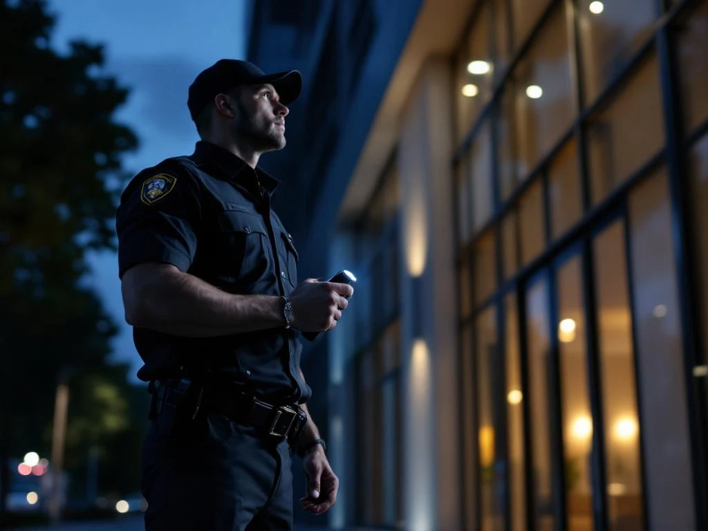 Beveiligingsbeambte in uniform patrouilleert 's avonds met zaklamp bij modern kantoorgebouw, bewaakt hoofdingang