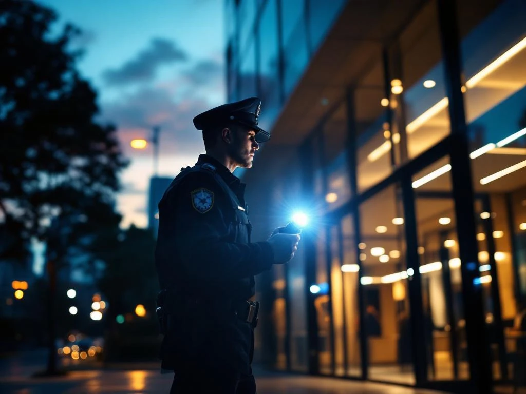 Beveiliger in uniform met zaklamp tijdens nachtelijke patrouille bij modern kantoorgebouw met glazen gevel